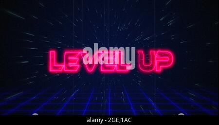 Retro Level Up Text glitching over blue and Red Triangles on white Hyperspace effect Stockfoto