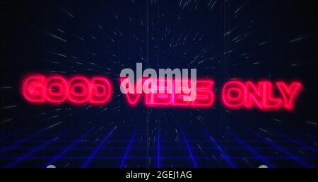 Retro Good Vibes nur Text glitching über blauen und roten Quadraten Stockfoto
