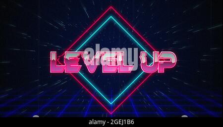 Retro Level Up Text glitching over blue and Red Squares on white Hyperspace effect Stockfoto