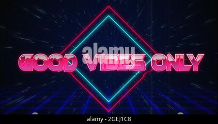 Retro Good Vibes nur Text glitching über blauen und roten Quadraten Stockfoto