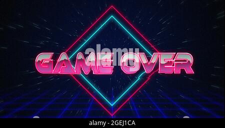 Retro Game over Text glitching over blue and Red Triangles 4k Stockfoto