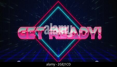 Retro Get Ready Text glitching over blue and Red Squares on white Hyperspace effect Stockfoto