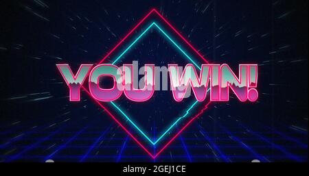 Retro You Win Text glitching over blue and Red Squares 4k Stockfoto