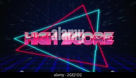 Retro High Score Text glitching over blue and Red Triangles 4k Stockfoto