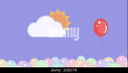 Luftballons schweben über der Sonne, versteckt von Wolken Stockfoto