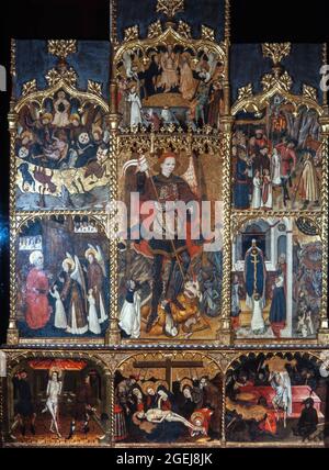 Guillem Talarn / Retablo de Sant Miquel, realizado por Jaume Cirera y Guillem Talarn en la mitad del siglo XV. Santa Maria de Terrassa. Stockfoto