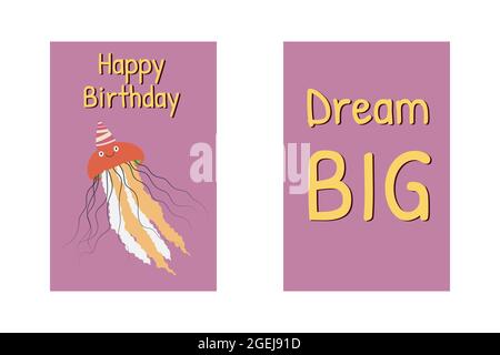 Geburtstagskarten mit Quallen, Happy Birthday Zeichen und Zitat Dream big. Lustige Cartoon-Illustration. Niedliche Meerestiere Charakter Stock Vektor