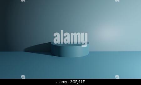 Podium für Produktpräsentation, dunkelblauer Hintergrund, 3d-Rendering, 3d-Illustration. 3D-Hintergrunddarstellung in Blau mit Podium- und Wandszene. Stockfoto