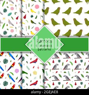 Papagei nahtlose Mustersammlung im Cartoon-Stil. Papageien Eule, Ara, graue afrikanische, tropische Blätter und Blumen Set aus sechs Hintergründen. Niedlicher Babyprint für Stoff und Textil. Stock Vektor