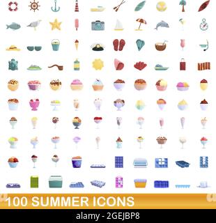 100 Sommer Symbole gesetzt. Cartoon Illustration von 100 Sommer Symbole Vektor auf weißem Hintergrund einstellen Stock Vektor