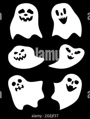 Set von weißen halloween Geister von verschiedenen einfachen flachen Formen auf schwarzem Hintergrund, Spucke mit Gesichtern Vektor-Illustration Stock Vektor