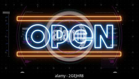 Bild des Wortes offen in weißem Neon mit kreisförmigem Scope digitale Schnittstelle auf schwarzem Hintergrund Stockfoto