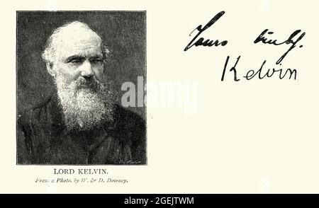 Vintage-Gravur von Portrait und Autograph von William Thomson, 1. Baron Kelvin, einem britischen mathematischen Physiker und Ingenieur, der in Belfas geboren wurde Stockfoto