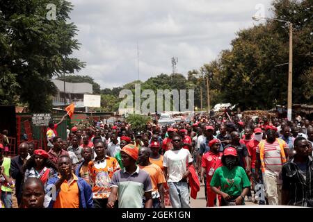 Anhänger verschiedener politischer Parteien werden auf dem Weg dorthin gesehen, wo sich ihre Parteien versammelten, um ein Bündnisabkommen zu unterzeichnen. Neun politische Parteien bildeten eine Allianz, um Wahlen gegen die wichtigste Regierungspartei, die Demokratische Volkspartei (DPP), anzufechten. Lilongwe, Malawi. Stockfoto