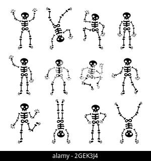 Vektor-Elemente für Halloween-Design. Einfache tanzende Skelette. Verschiedene Skelettposen isoliert. Lustige Skelette in verschiedenen Posen. Stock Vektor