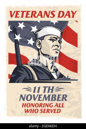 Silhouette eines Seemanns mit einem Gewehr auf dem Hintergrund der US-Nationalflagge. Alles Gute Zum Veterans Day. Stock Vektor