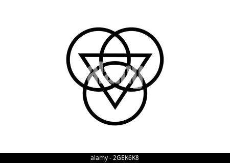 Triquetra mit Triangle-Logo und überlappenden Kreisen, Trinity Knot-Tattoo, heidnisch keltisches Symbol Triple Goddess. Wicca Zeichen, Buch der Schatten, Vektor Stock Vektor