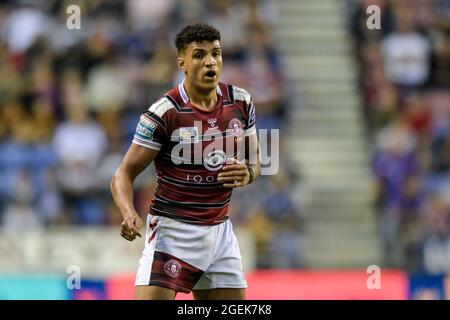 Wigan, Großbritannien. August 2021. Kai Pearce-Paul (27) von Wigan Warriors in Aktion während des Spiels in Wigan, Großbritannien am 8/20/2021. (Foto von Simon Whitehead/ SW Foto/News Images/Sipa USA) Quelle: SIPA USA/Alamy Live News Stockfoto