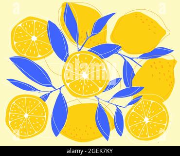 Zitrone und Doodle in Scheiben von Hand gezeichnet. Sommer gelbe Früchte. Vektorgrafik Stock Vektor