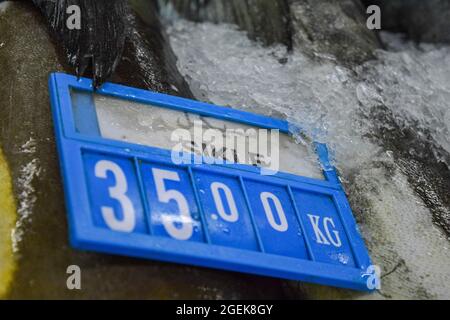 Fischpreisschild in Al Mina Fischmarkt in Abu Dhabi. Stockfoto