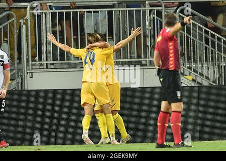 Frosinone, Italien. August 2021. ALESSIO ZERBIN ERZIELT EINEN GOL (Frosinone) während Frosinone Calcio gegen Parma Calcio, Italienische Fußballmeisterschaft Liga BKT in Frosinone, Italien, August 20 2021 Quelle: Independent Photo Agency/Alamy Live News Stockfoto