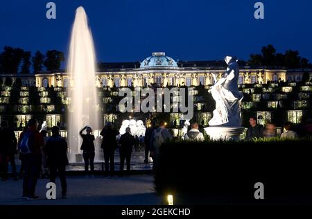 Potsdam, Deutschland. Januar 2019. Schloss Sanssouci bei der Potsdamer Schlossnacht im Park Sanssouci. Unter dem Motto 'Les Rendez-Vous au Park Sanssouci' werden Konzerte, Lichtinstallationen und Inszenierungen im Ambiente des historischen Parks von Sanssouci angeboten. Kredit: Britta Pedersen/dpa-Zentralbild/dpa/Alamy Live Nachrichten Stockfoto