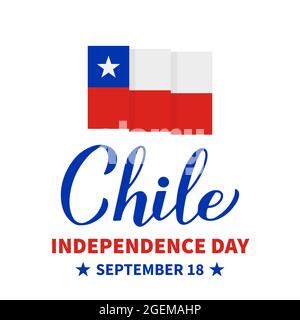 Chile Independence Day Kalligraphie Schriftzug mit chilenischer Flagge isoliert auf weiß. Nationalfeiertag am 18. September. Vektorvorlage für Typ Stock Vektor