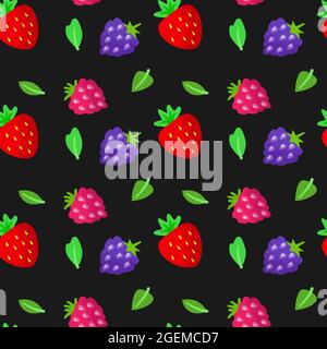 Beeren nahtloses Muster mit reifen Brombeeren, Himbeeren Erdbeeren isoliert auf schwarz. Für Stoff, Textil, Geschenkpapier, Tapeten. Beerensommer Hintergrund. Design-Fond. Vektorgrafik Stock Vektor