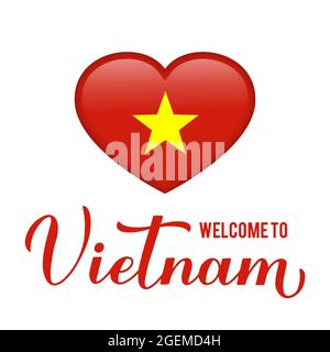 Willkommen bei Vietnam Schriftzug mit Nationalflagge in Herzform. Vektorvorlage für Typografie Poster, Postkarte, Banner, Flyer, Aufkleber, t-Shirt usw. Stock Vektor