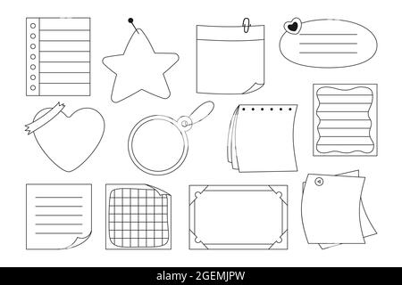 Notizbuch Papier Haftnotiz, schwarze Linie. Leere Aufkleber und Notizen mit Elementen der Planung. Abstrakte Grafik Notizblock gewellte Ecken, Stecknadeln. Verschiedene Tag Business Office. Isolierter Vektor Stock Vektor