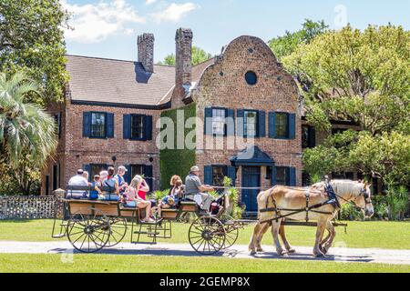 South Carolina, Charleston Middleton Place, Ashley River Reisplantage Vorkriegsgebiet 1730, Pferdekutschenfamilie mit Führung Stockfoto