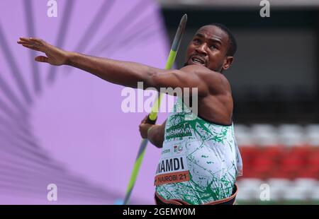 Nairobi, Kenia. August 2021. Chinecherem Nnamdi aus Nigeria tritt beim Javelin-Wurf-Finale der Männer bei den U20-Weltmeisterschaften der Leichtathletik 2021 in Nairobi, Kenia, am 20. August 2021 an. Kredit: Long Lei/Xinhua/Alamy Live Nachrichten Stockfoto