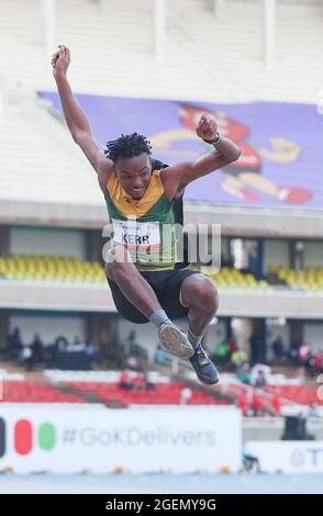 Nairobi, Kenia. August 2021. Kavian Kerr aus Jamaika tritt beim Weitsprung-Finale der Männer bei den U20-Weltmeisterschaften 2021 in Nairobi, Kenia, am 20. August 2021 an. Kredit: Long Lei/Xinhua/Alamy Live Nachrichten Stockfoto