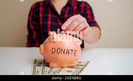 Sparschwein mit Donate Inschrift steht auf Dollarscheinen Stockfoto