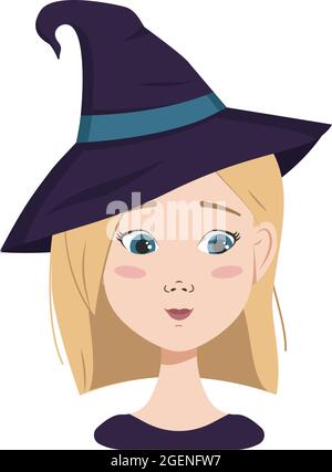 Avatar einer Frau mit blonden Haaren und blauen Augen, Schüchternheit Emotionen, peinlich Gesicht und heruntergetragenen Augen und trägt einen Hexenhut. Mädchen in Halloween Kostüm Stock Vektor