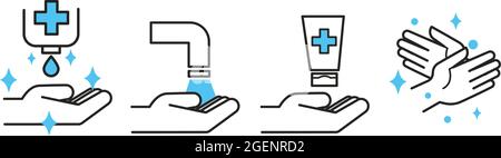 Händedesinfektionsmittel und Wasser mit Seife, Handfläche waschen Stock Vektor
