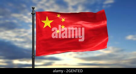 China-Schild, Symbol. Chinesische Nationalflaggen winken auf einem Pfosten, blauer Himmel mit Wolken Hintergrund. 3D-Abbildung Stockfoto