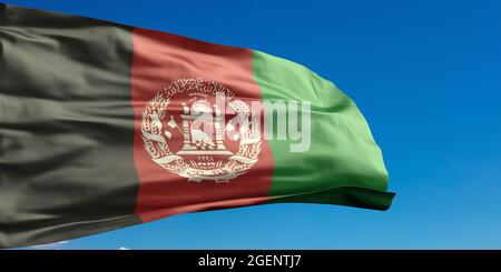 Islamische Republik Afganistan Zeichen Symbol. Die afghanische Nationalflagge winkt vor dem Hintergrund des klaren blauen Himmels. Banner für afghanische Nationalstaaten. 3d-Abb. Stockfoto