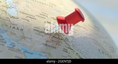 Islamische Republik Afghanistan. Afganistan steht auf dem Weltatlas, Nahaufnahme. Roter Kartenpointer auf dem Erdglobsplaneten. 3d-Illustration. Stockfoto