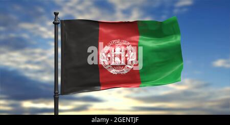 Afghanistan-Zeichen-Symbol. Afghanische Nationalflagge auf einer Stange, die vor bewölktem Himmel schwenkt. Islamische Republik Afganistan, Nationalstaat in Asien. Stockfoto