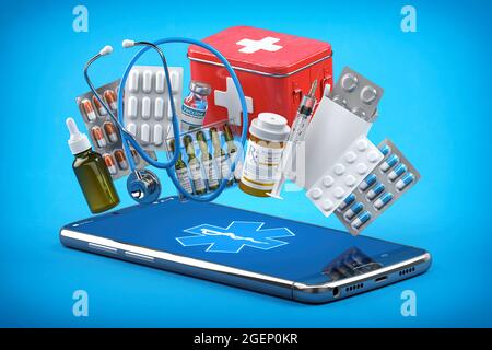 Arzt online und medizinische Hilfe per Handy. Smartphone mit Medikamenten, Pillen, Verbandskasten und Stethoskop. 3d-Illustration Stockfoto