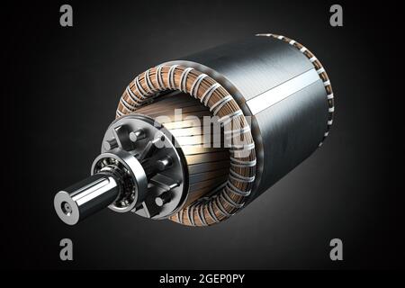 Rotor und Stator des Elektromotors auf schwarzem Hintergrund. 3d-Illustration Stockfoto