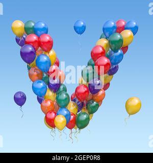 Buchstabe V von Ballons am Himmel. Textbrief für Feiertag, Geburtstag, Feier. 3d-Illustration Stockfoto