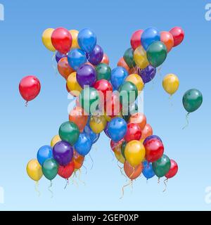 Buchstabe X von Ballons am Himmel. Textbrief für Feiertag, Geburtstag, Feier. 3d-Illustration Stockfoto
