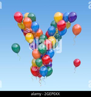 Buchstabe Y von Ballons am Himmel. Textbrief für Feiertag, Geburtstag, Feier. 3d-Illustration Stockfoto