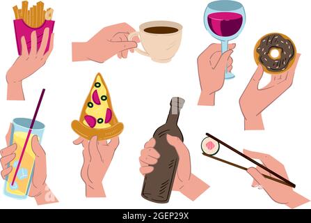 Hände mit Speisen und Getränken, Kaffee und Pizza Stock Vektor