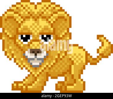 Lion Pixel Art Retro Videospiel Cartoon Mascot Stock Vektor