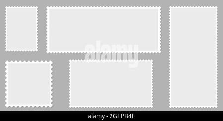 Satz unbeschriftete Briefmarkenmarken. Leere Vorlagen. Helle Briefmarken auf grauem Hintergrund Stock Vektor