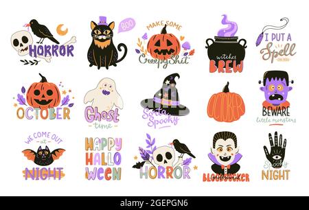 Sammlung von niedlichen Halloween Typografie Prints. Gruselige Dekorationselemente. Handgezeichnete Halloween-Symbole und Schriftzüge. Vektorgrafik Urlaub. Stock Vektor