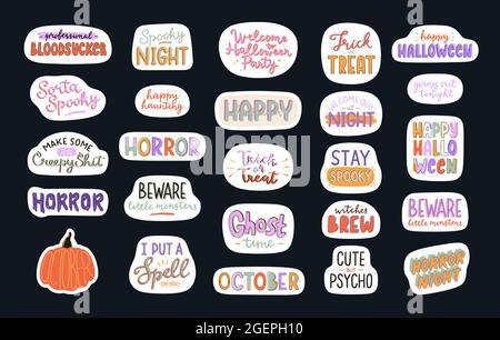 Sammlung von niedlichen Halloween Typografie Sticker. Handgezeichnete eingängige Urlaubssätze. Gruselige Halloween-Zitate und Sprüche. Vektorgrafik. Stock Vektor